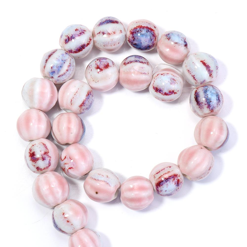 28pcs/string Pumpkin Shape Stripe Ceramics Beads Colorful Floral Glaze Porcelain Beads For DIY Charms Neckalce Bracelet Jewelry
