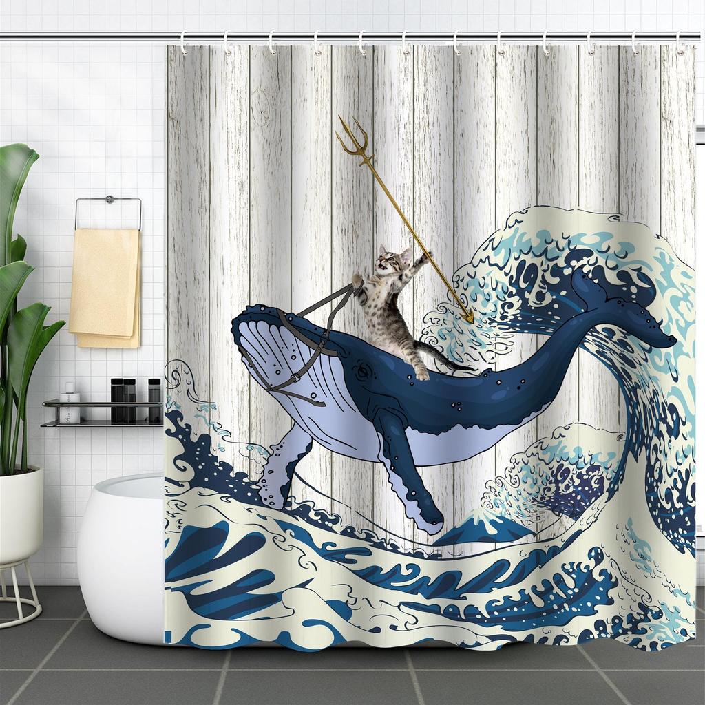 Waterproof Curtain With Mildewproof Shower Sea Wave Dinosaur Whale And Cat Print
