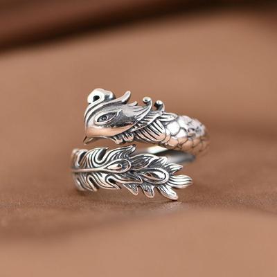 Phoenix Feather Ring for Women, Vintage Ethnic Style, Simple New Chinese Style, Niche Adjustable Open Ring Jewelry