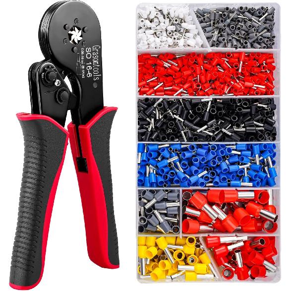 Ferrule Crimping Tool Kit, Self-Adjusting Hex Crimping Pliers for 0.08-16mm² with Wire End Terminals 1200pcs Wire End Ferrules (16-6 Crimper Kit)