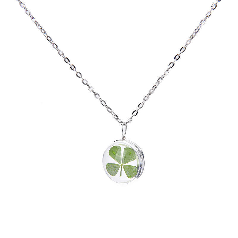 Real Green Lucky Shamrock Four Leaf Clover Round Pendant Necklace Friends Pip LS