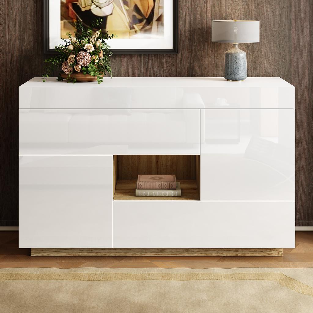 Sideboard, High-Gloss Sideboard, Display Cabinet, with Color-Changing LED Lighting, with Drawers