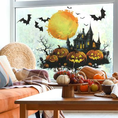 Halloween Cartoon Pumpkin Castle Bat Balcony Glass Window Atmosphere Decorative Stickers