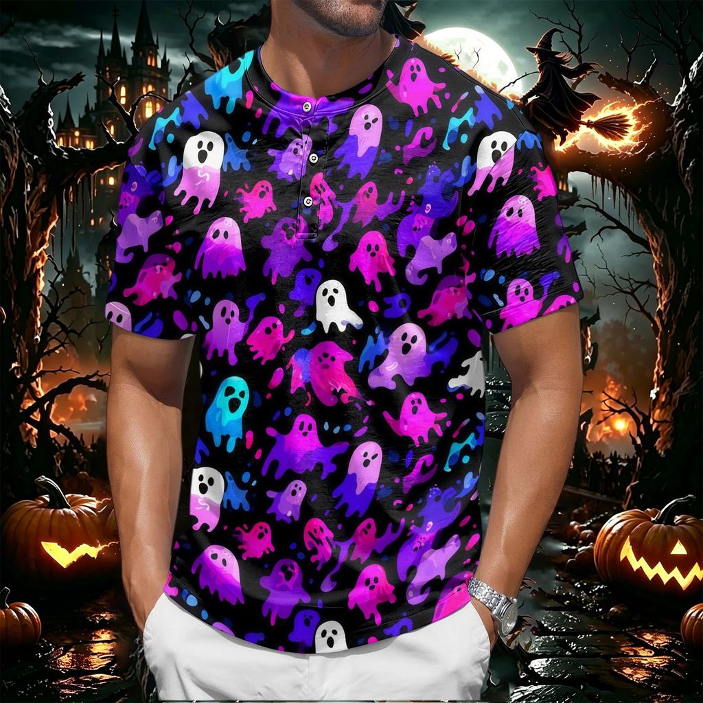 Men's Halloween Print Short Sleeve Henley Shirt Casual Button Up Top with Pumpkin Pattern Lightweight Breathable Fabric for Everyday Wear