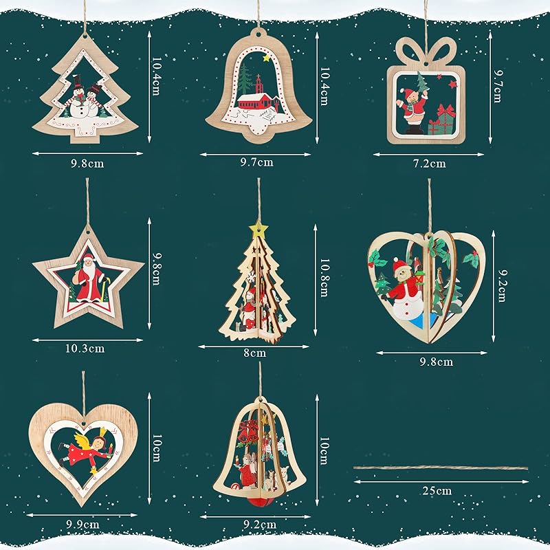 CINECE Christmas tree decoration ornament wooden 8 pieces nordic 3D three-dimensional drop strap wall Hanging entrance interior snowflake (3D new