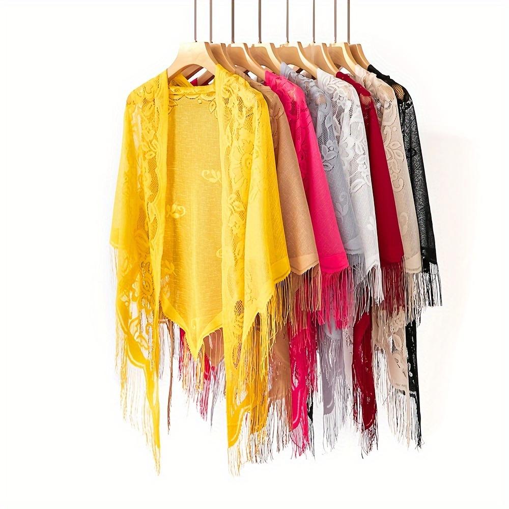 Solid Color Lace Shawl Hollow Out Long Tassel Triangle Scarf Bridesmaid Wedding Party Wrap Long Beach Towel For Women