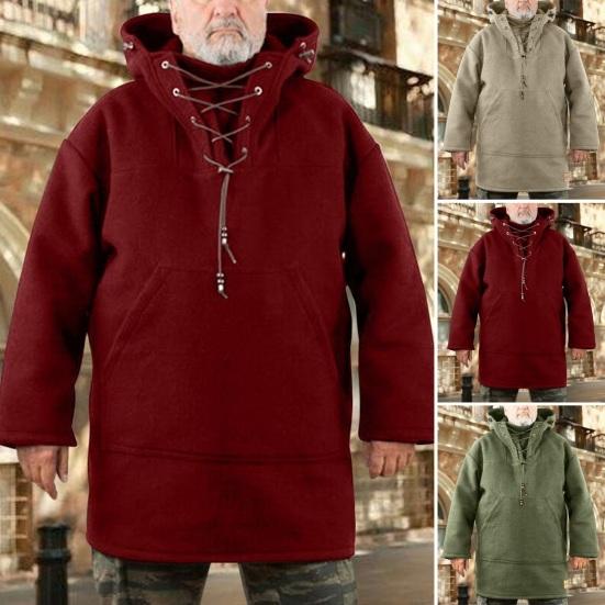 

Мужской осенне-зимний свитшот средней длины с капюшоном на шнуровке и длинными рукавами с передним карманом, однотонный толстый теплый пуловер, топ