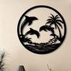 Tropical Dolphin Palm Tree Metal Wall Art Weatherproof Iron Sculpture Outdoor Garden Decor