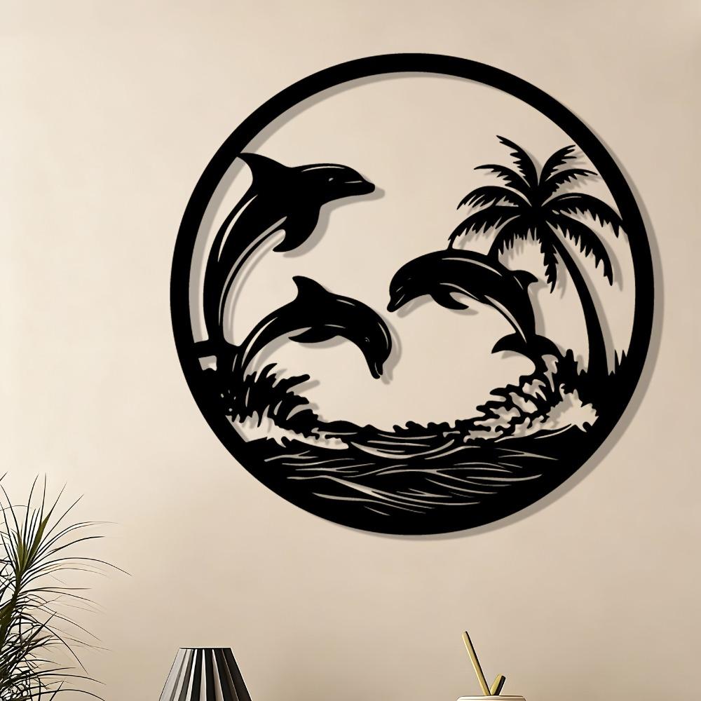 Tropical Dolphin Palm Tree Metal Wall Art Weatherproof Iron Sculpture Outdoor Garden Decor