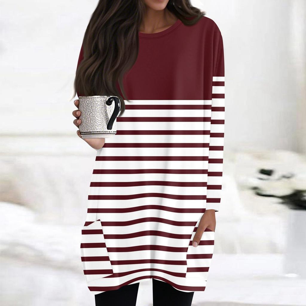 Womens Tops Round Neck Long Sleeve Blouses Casual Mid-length Shirts Fashion Print Tunic Tops With Pockets