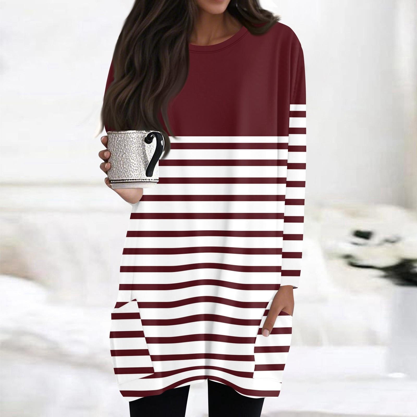 

Жіночі топи з круглим вирізом, блузки з довгим рукавом, повсякденні сорочки середньої довжини, модні туніки з принтом та кишенями XXL винний