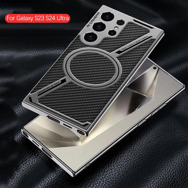 Luxus Galvanisiert Einfache Leder Handyhülle Für Samsung Galaxy S25 S24 S23 Ultra Magsafe Magnetische Kabellose Lade Schutzhülle