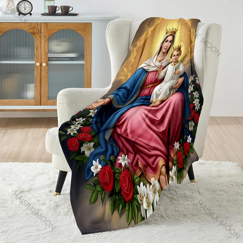 1PC Virgin Mary and Child Statue Print Believer Pray Blanket Warm Soft Flannel Material Suitable for All Seasons Luxurious Gift