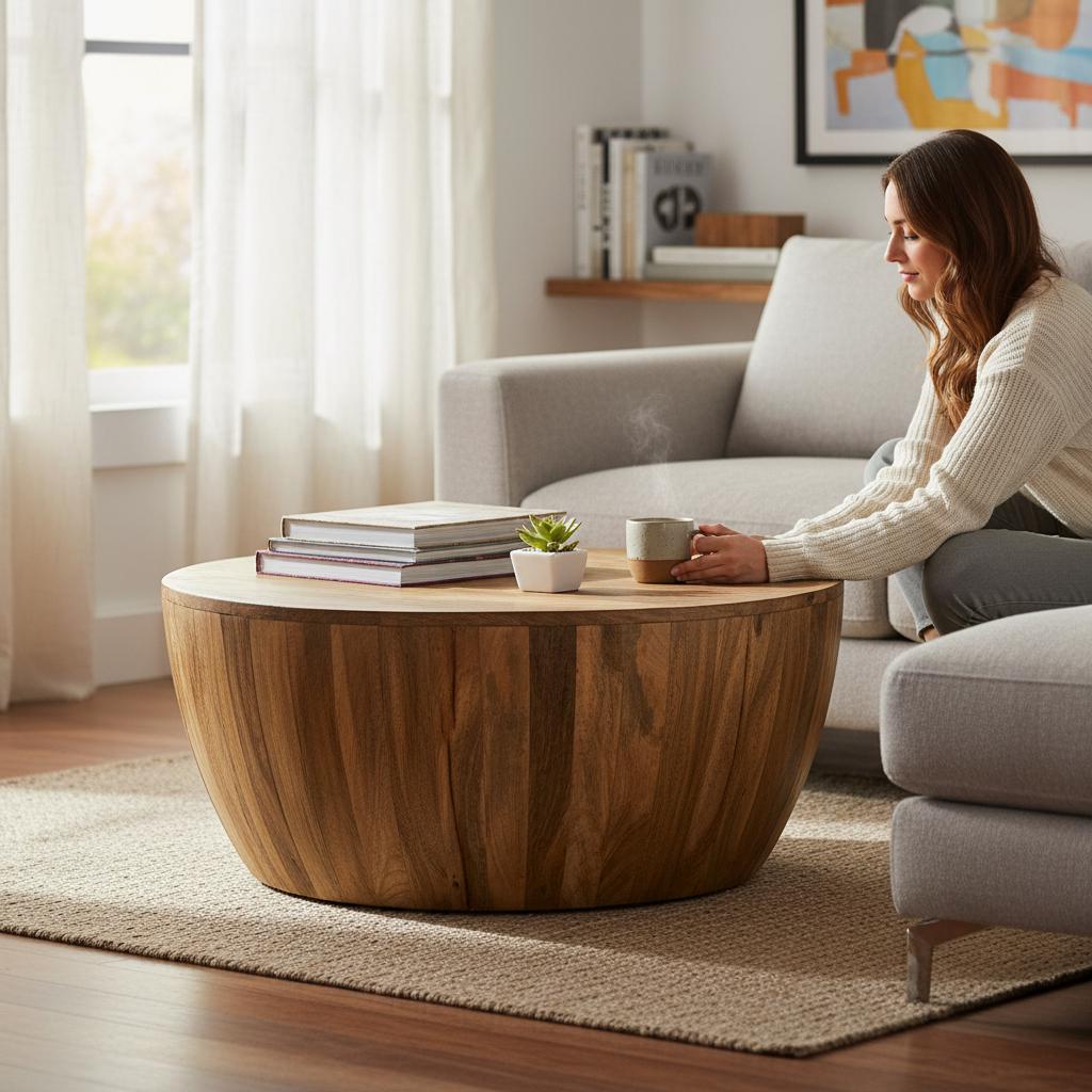 Wooden Coffee Table | Round Drum Table Stool | Living Home Decor Central Furniture, Indian Bedside Nightstand Low Table,Side Table Furniture