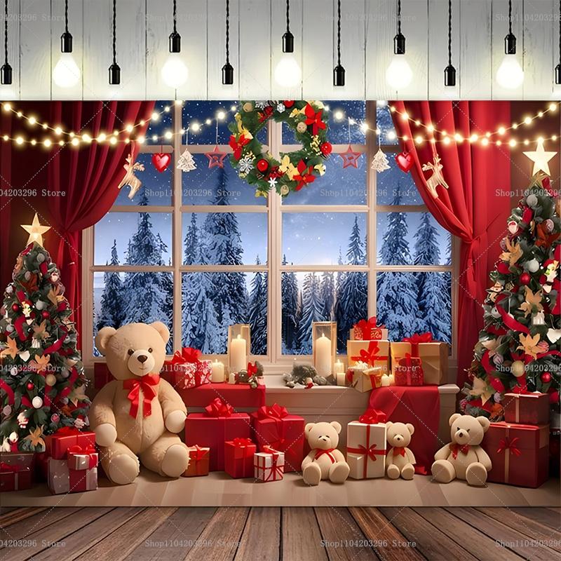 Winter Window Christmas Backdrop Fireplace Xmas Tree Gifts Teddy Bear Navidad Party Decor Kids Portrait Photography Background