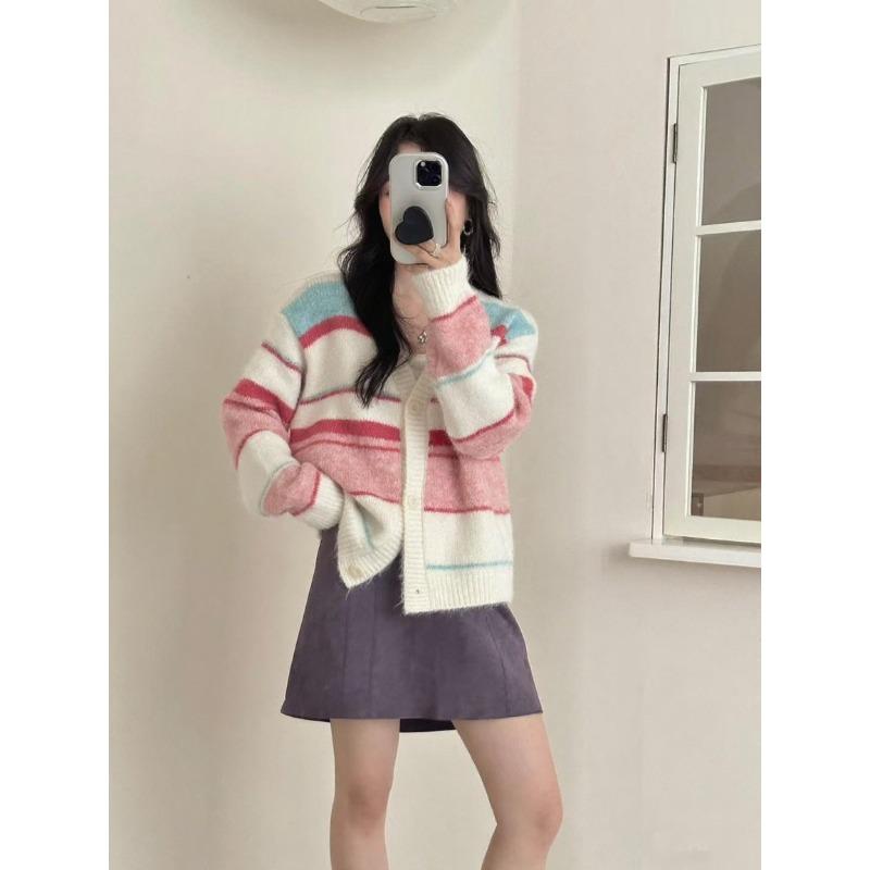 Autumn and Winter New V-neck Color Striped Knitted Cardigan Loose Design Soft Waxy Sweater Jacket Women