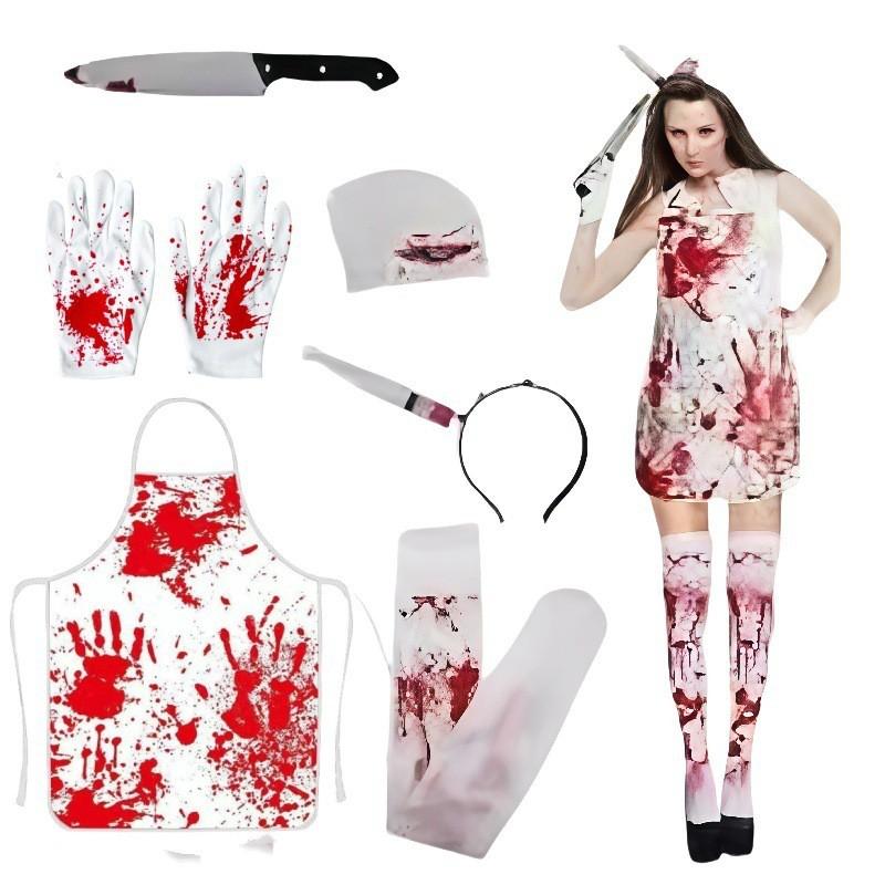 Horror Halloween Bloody Apron Costume Set Adult Cosplay Role Play Scary Butcher Outfit With Stained Design
