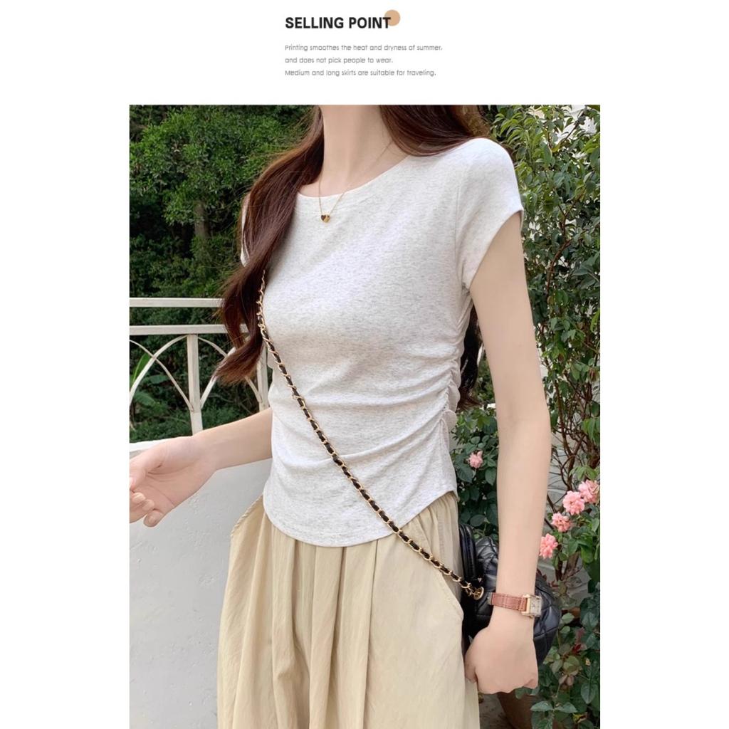 Sweet and Pure Desire Shoulder Short Sleeved T-shirt for Women, Embroidered with Bow, Spring and Summer Version Pleated Waist Cinching Short Top