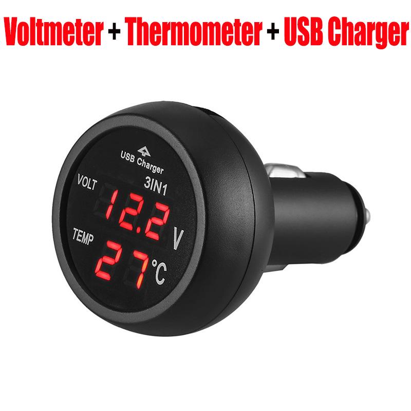 3 In 1 12/24V Car Volt Meter Auto LED Digital Voltmeter Gauge+Thermometer+USB Charger Current Meter Volt Detector Thermometer