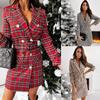 Women's Classic Houndstooth Loose Dress Ladies Double-breasted Tweed Office Suit Jacket Dress Female Plaid Belt Dress