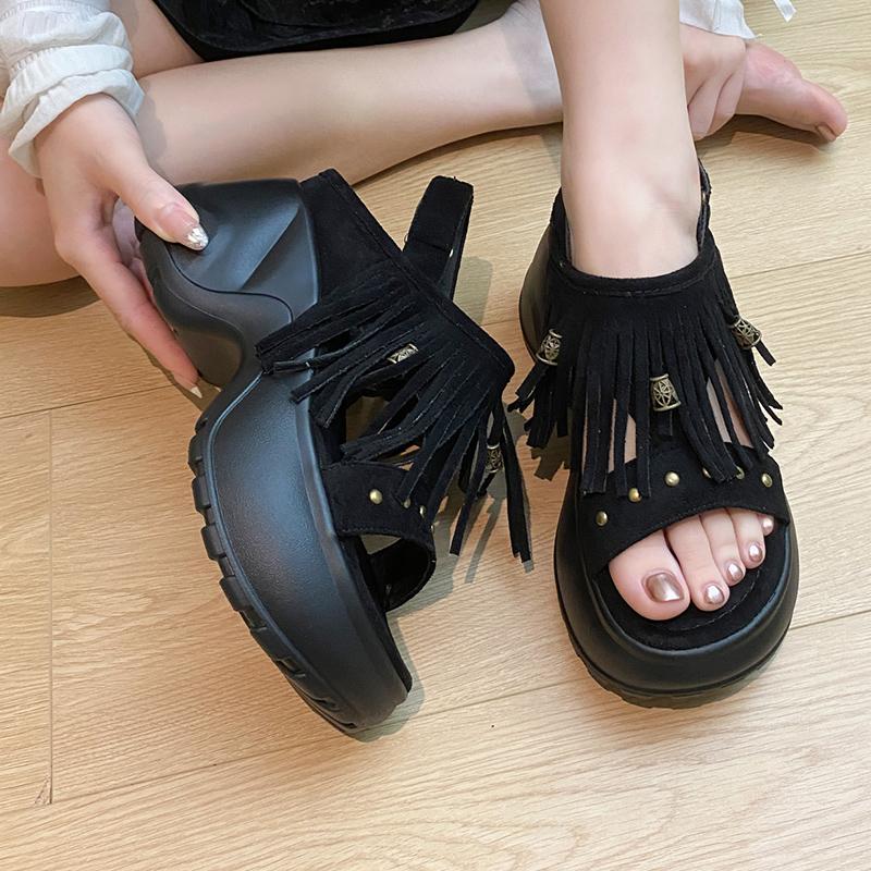 Fashion Bohemia Metal Rivet Decoration Fringe Suede Sandals Women 2025 Summer Chunky Platform Wedge Heel Sandals Casual Back Strap Shoes