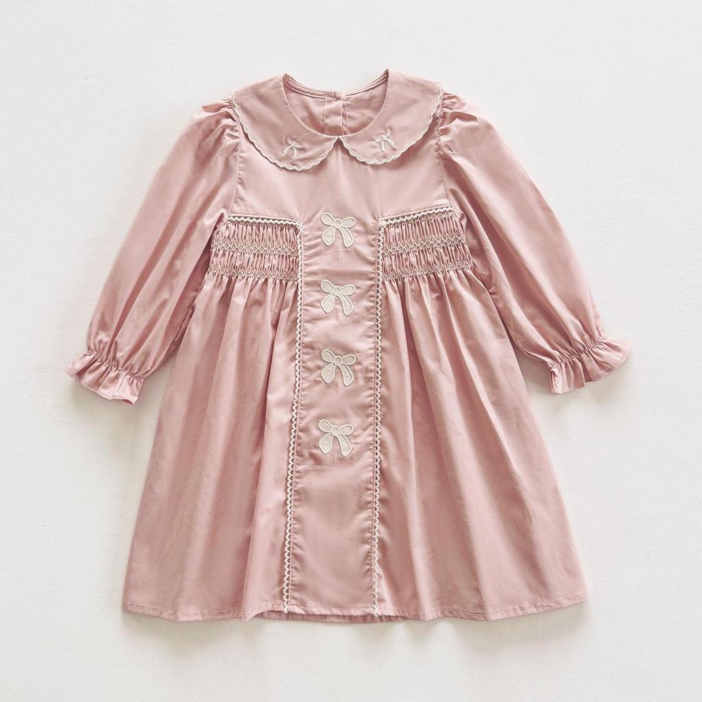 Elegant French Embroidered Bow Dress for Girls - 2026 Autumn Smocked Long Sleeve Princess Style