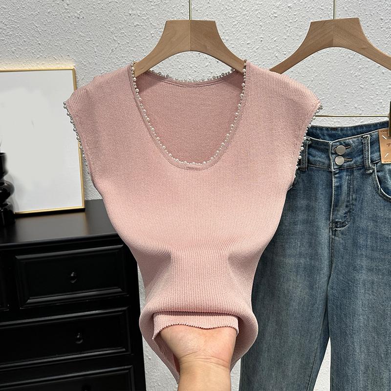Летняя мода бисерный женский вязаный жилет 2025 тонкий облегающий безрукавный топ с круглым вырезом однотонный повседневный простой элегантный блузка рубашка одежда One size розовый