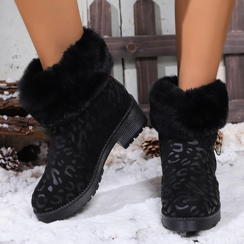 

Leopard Suede Block Heel Cotton Boots Winter New Round Toe Side Zipper Platform Anti-Slip Wear-Resistant Booties 41 чорний