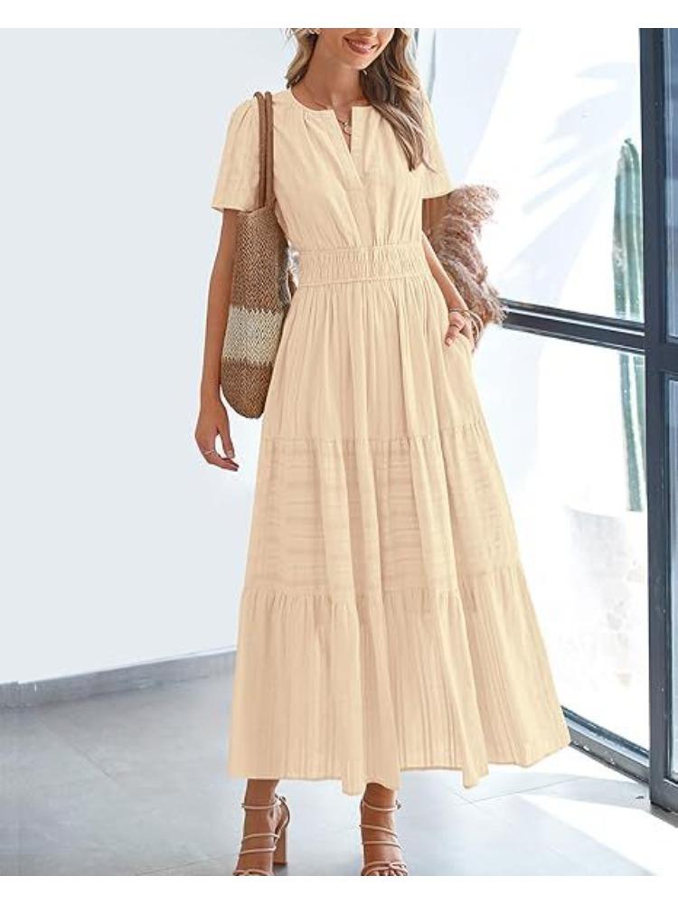 Short Sleeve V-Neck Tiered Ruffle Hem Midi Dress