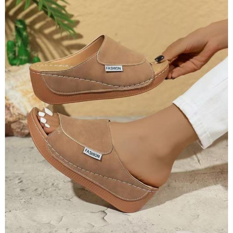 Bequeme Damen Keilsandaletten Sommer Schwarz PU Slip-On Plateau Schuhe mit Korkfußbett Zehenfrei Lässige Sandalen