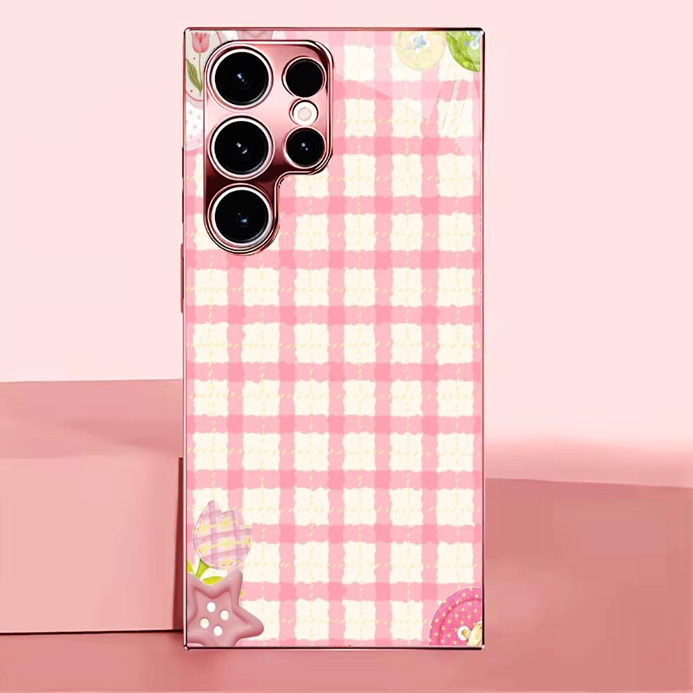 New Cute girl plaid PhoneCase for Samsung Galaxy S26 S25 S24 S23 S22 FE Ultra Plus Built-in glass feel bare machine Men women