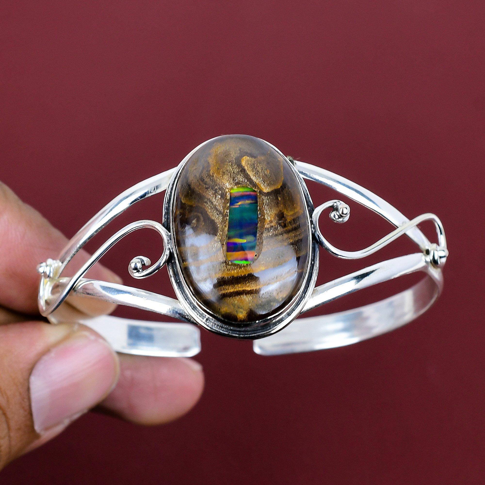 Ethopian opal in boulder opal gemstone cuff bracelet 925 sterling silver bangle adjustable cuff bracelet handmade jewelry anniversary gifts Adjustable