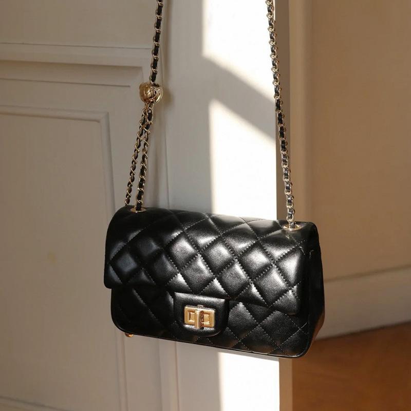 Small golden ball rhombus chain bag female, new first-layer cowhide square fat small bag single shoulder messenger bag