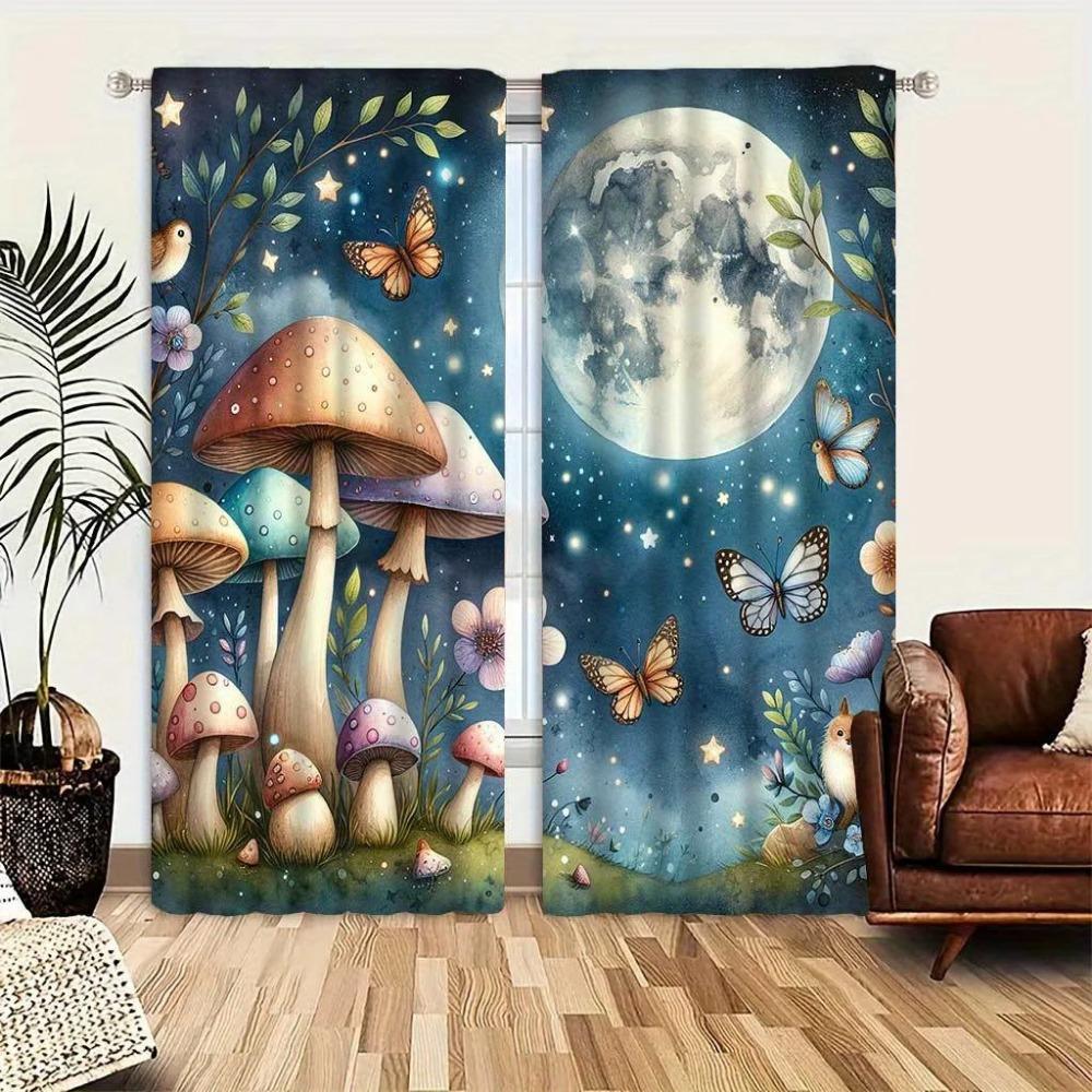 2pcs Mushroom Print Curtains Rod Pocket Decorative Window Drapes Window Treatments For Bedroom Living Room Window Blinds Drape