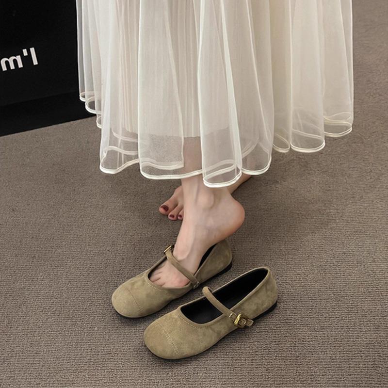 Spring new suede fairy with skirt shallow mouth single shoes retro round head flat bottom buckle temperament women's shoes