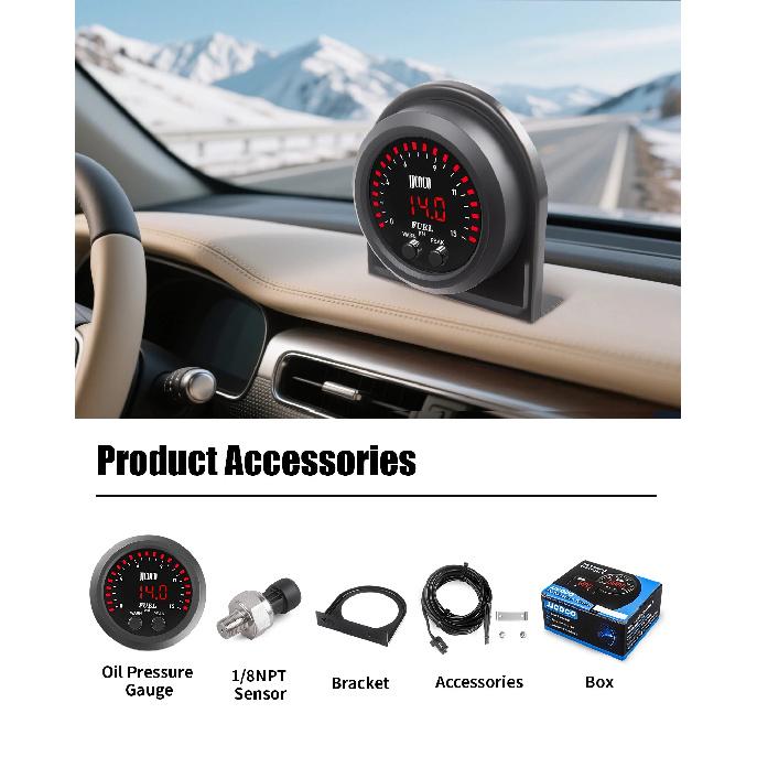 JJCOCO Universal Ultra-thin Electronic Fuel Pressure Gauge With 1/8 Npt Sensor Oil pressure Meter Red display Digital 0-15Psi