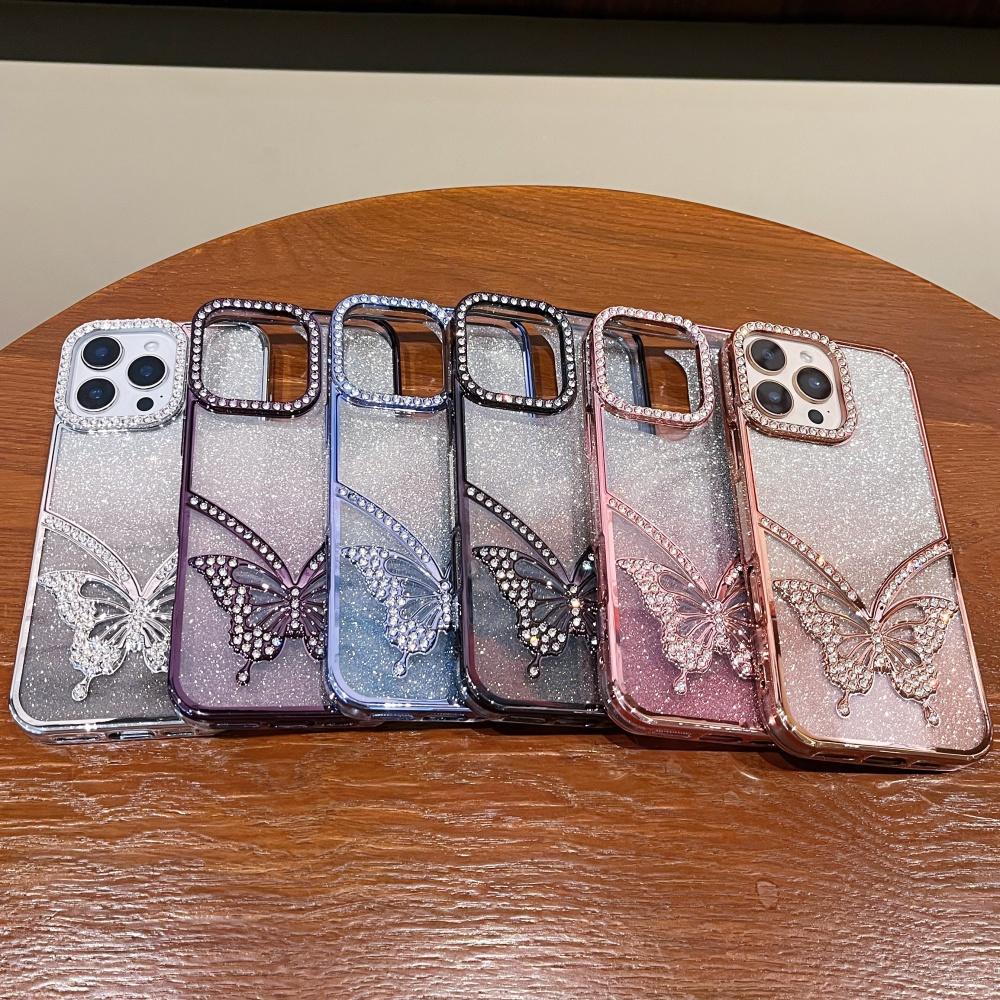 For iPhone 16 Pro Max Rhinestone Butterfly Cover For iPhone 11 12 13 14 15 Plus Gradient Color Flash Electroplated Luxury Shell
