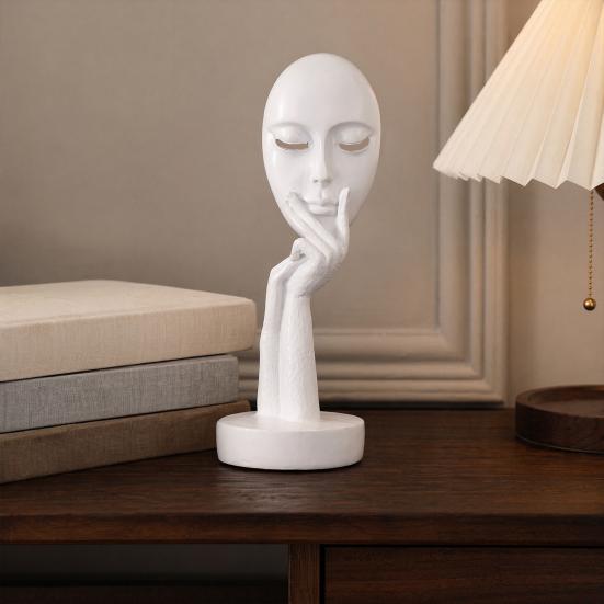 jijijing Abstract Contemplative Face Resin Sculpture, Minimalist Hand-on-Chin Bust Statue for Desk Living Room Office, Creative Art Decor Entryway