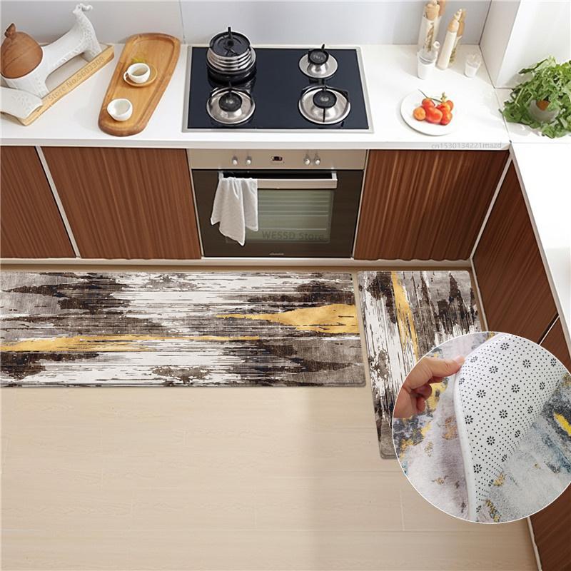 Soft Velvet Kitchen Rug Set With Abstract Print Non-slip Absorbent  Washable Doormat Bathroom Floor Mat