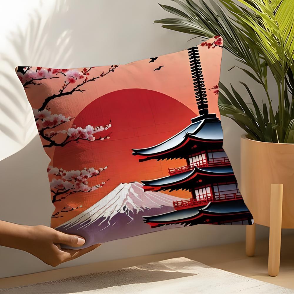 Retro Japanese Pagoda Landscape 1 Pillow Case Linen Cushion Covers For Decorative Sofa Home Pillows Case Car Chair Pillows Cases