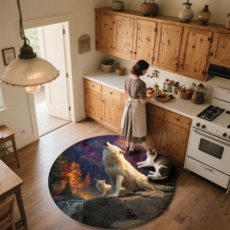 Two White Wolves,Round Area Rug,Carpet Rug for Living Room Bedroom Sofa Playroom Decor,Non-slip Floor Mat