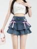 Women's Ruffled Denim Mini Skirt Summer Bandage Bow Blue Shorts Skirt Y2k Clothes Spicy Girl Streetwear