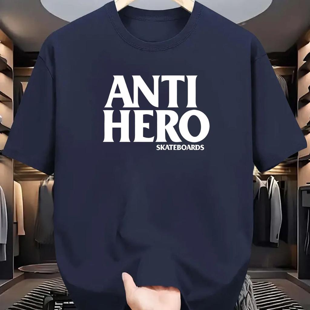 Men's Casual Summer Graphic T-Shirt Short Sleeve Crew Neck, Anti-Hero Skateboards Print Black Polyester Tee for Casual Attire