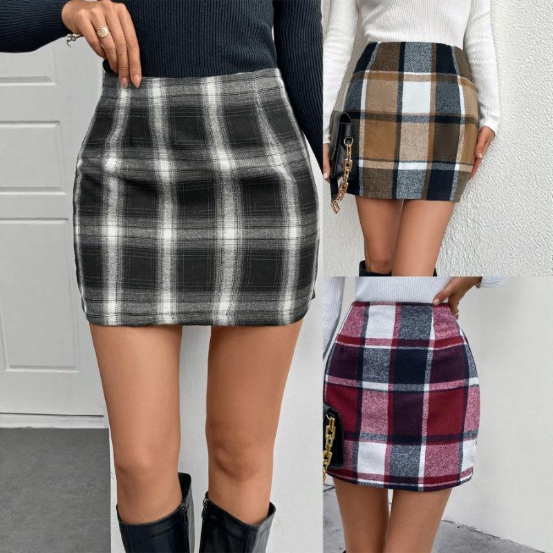 Women Plaid Woolen Mini Skirt High Waist Bodycon Casual Pencil Skirt