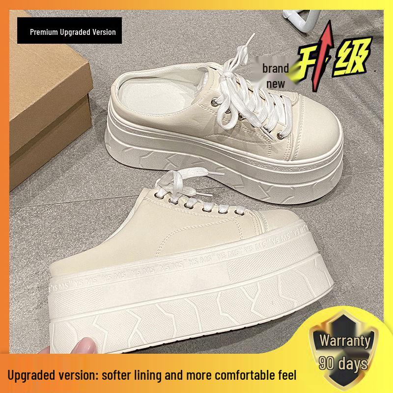 Women's White Thick-Soled Platform Mules - Closed-Toe, Backless, Petite Height Boost, Spring/Summer