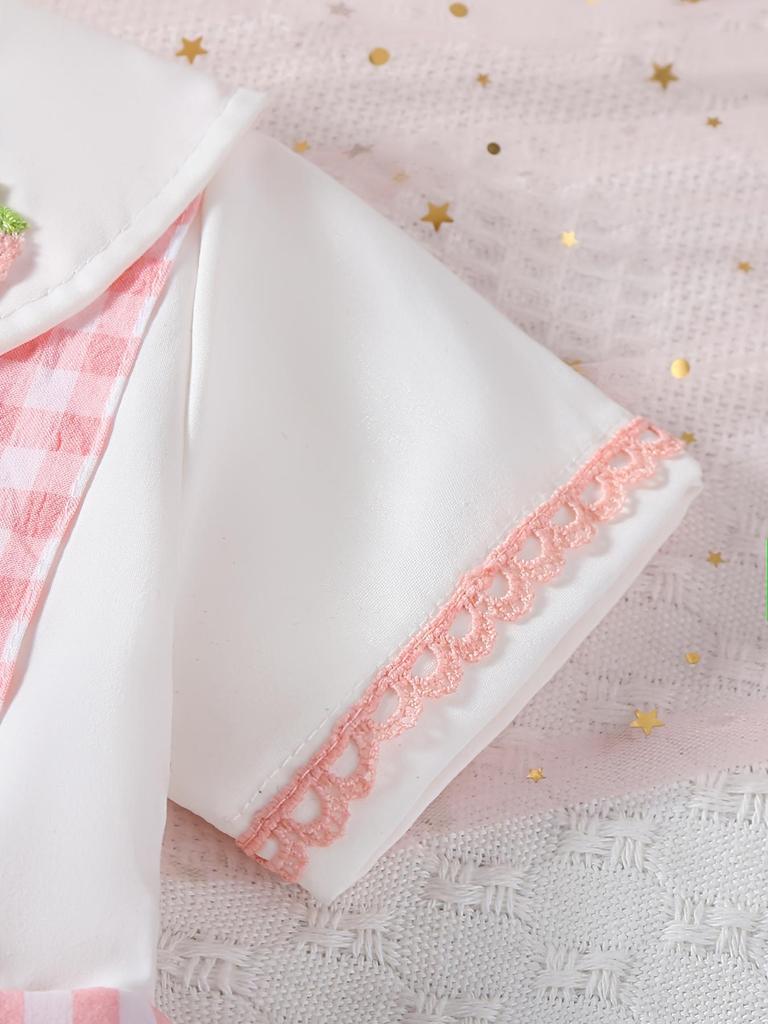 Baby Girls Spring Summer Sweet Strawberry Plaid Short Sleeve Shirt Set, Adjustable Straps, Cute Doll Collar, Daily Wear