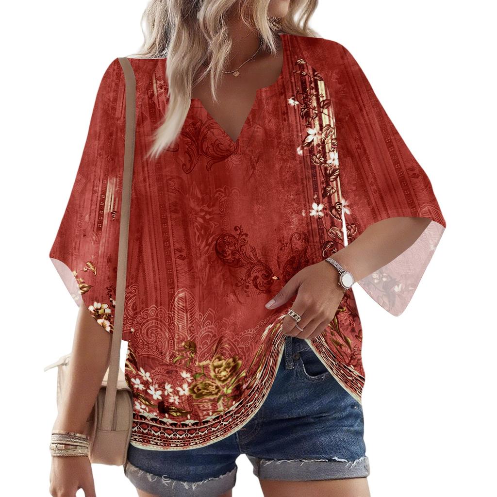 Women's 3/4 Sleeve V Floral Shirt Casual Loose Tunic Top