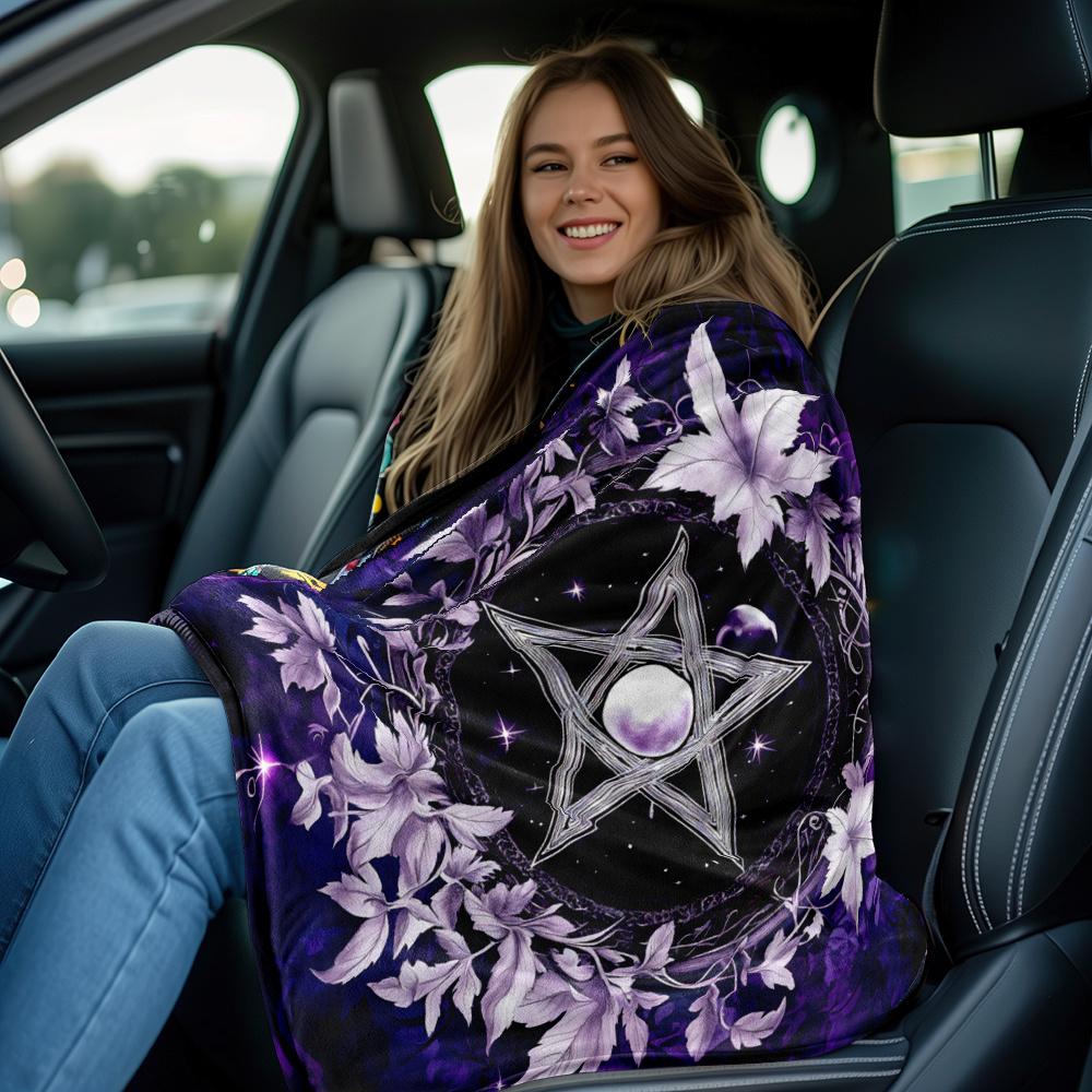 Purple Pentagram Moon Floral Mystical Symbol Flannel Blanket Witchy Gothic Decor Spiritual Art Bedroom Wall Hanging Cozy Throw
