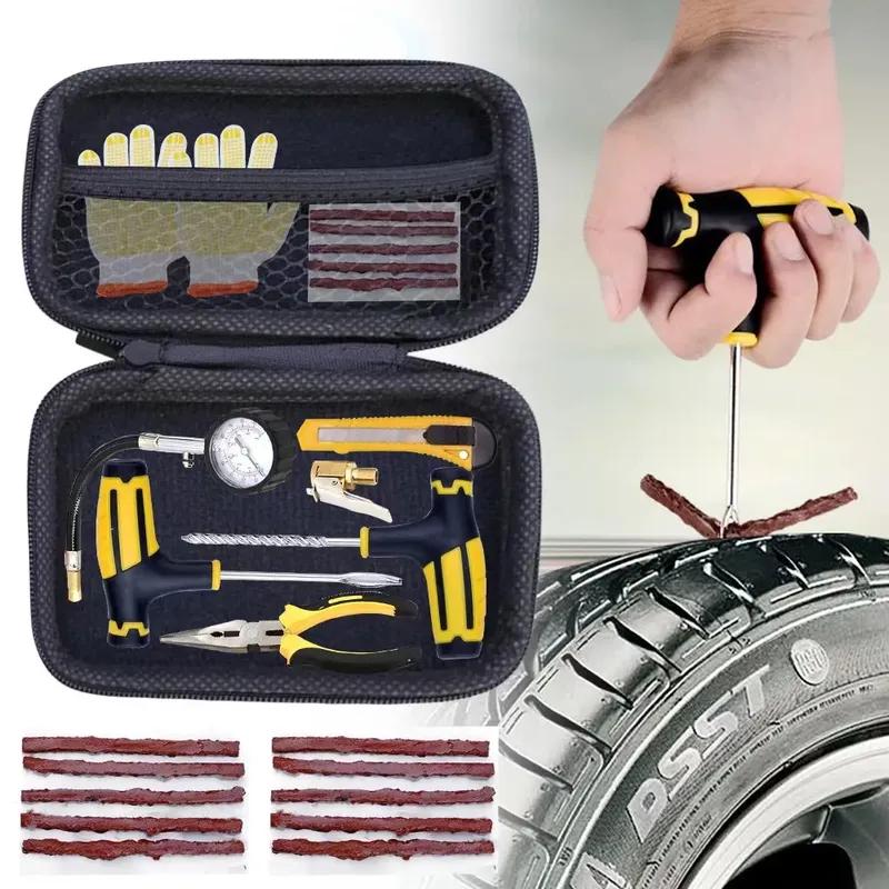 All-in-One Emergency Car Tire Repair Kit - Puncture Plug Tools with Strips,Gloves & Gauge, Universal, Easy To Use