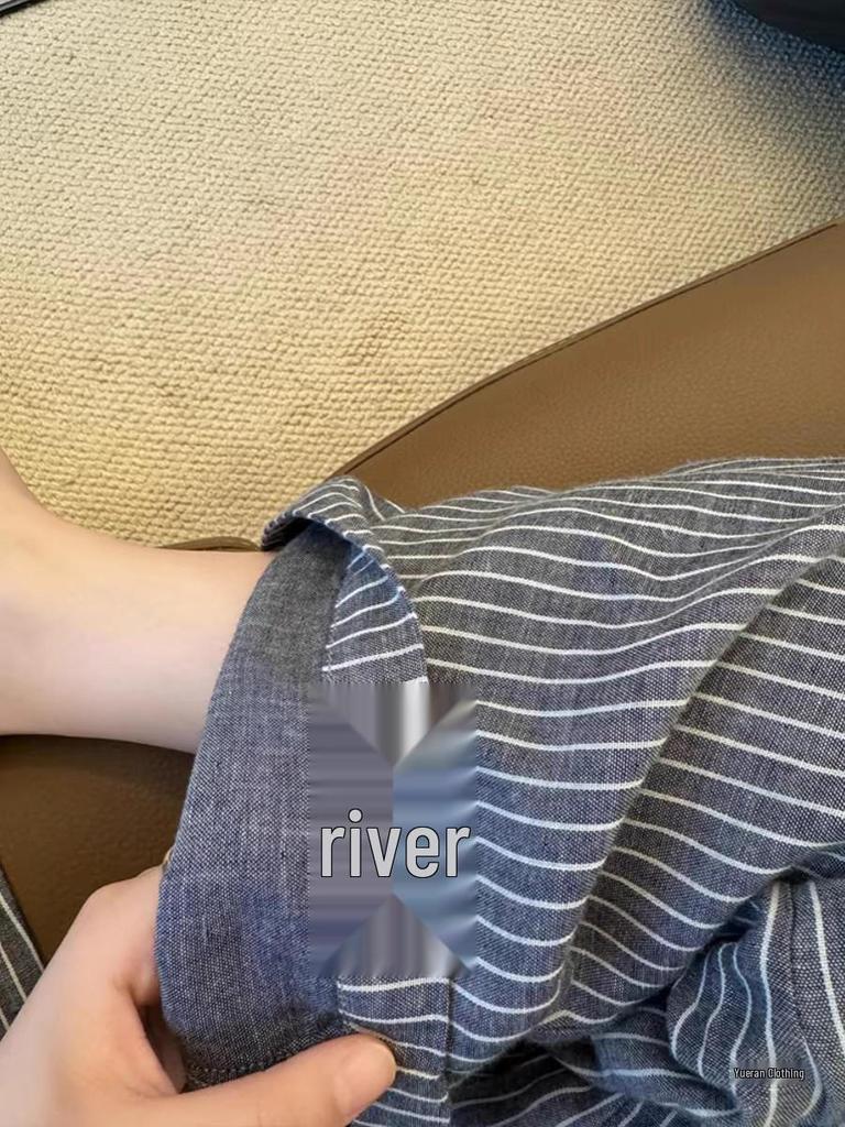 CHAO-Level Comfort: Grey Striped Cotton-Linen Pants. Flattering for Shorter Legs with a Casual Drawstring Design.